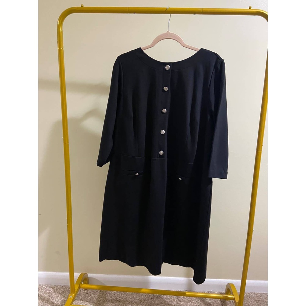 Talbots‎ Plus Petite Black Sheath Dress 18WP 3/4 Sleeve Button Detail VN1953
